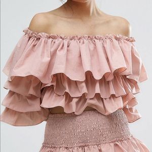 Boohoo Bardot Tiered Ruffle Top